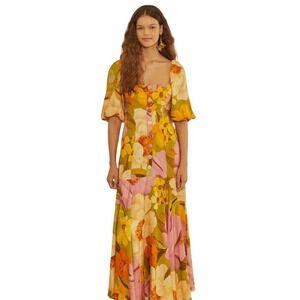 Farm‎ Rio Maxi Dress Chita Bella Floral Boho Linen Blend Square Neck Size Small